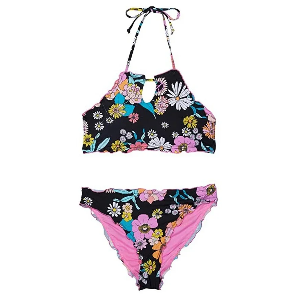 Hobie Peace Love and Daisies Merrow Bikini Girls Black Floral Halter Neck JDM528